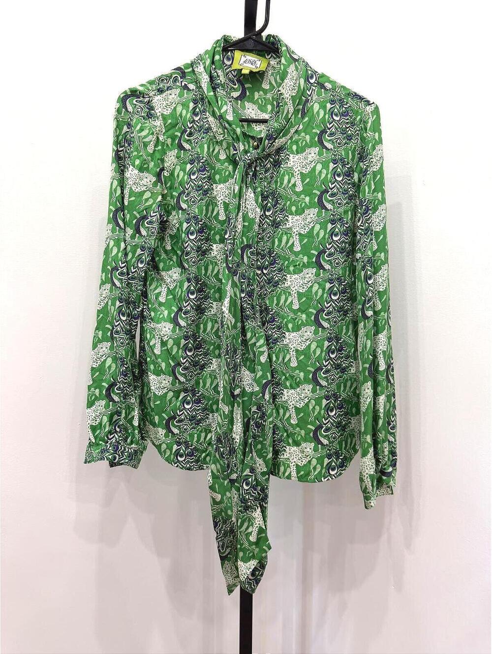 Elizabeth McKay Green Animal Print Silk Tie-Neck Blouse Size 6